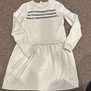 Girls' Cream Long Sleeve Dress with Silver Accents